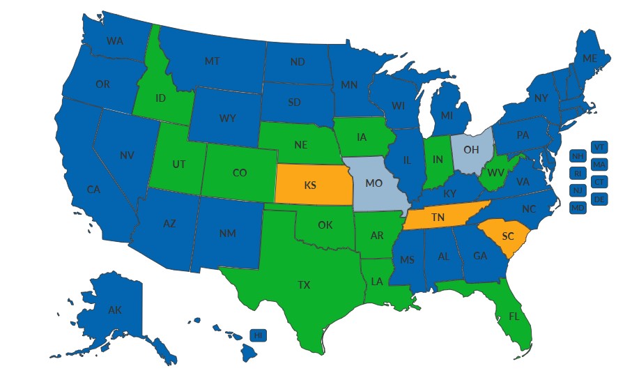 Map of the U.S. with green, blue and orange color codes for different stats and the status of their SNAP waiver requests.