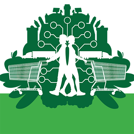 Report cover: grocery shoppers and inkblot illustration.