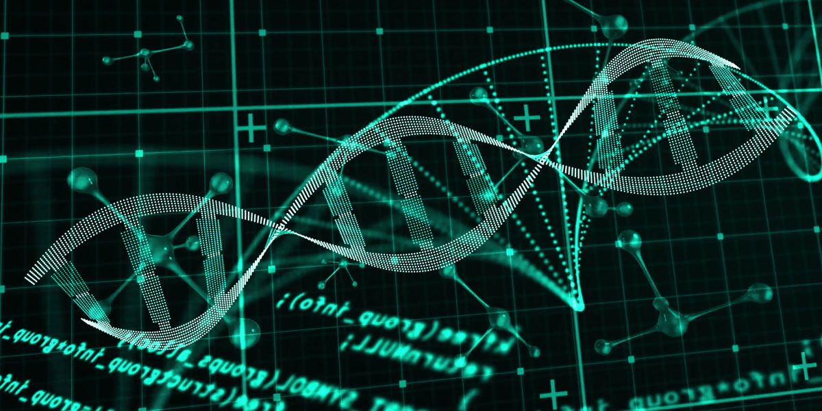 Composite of blockchains DNA molecules and computer renderings.