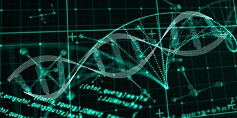 Composite of blockchains DNA molecules and computer renderings.