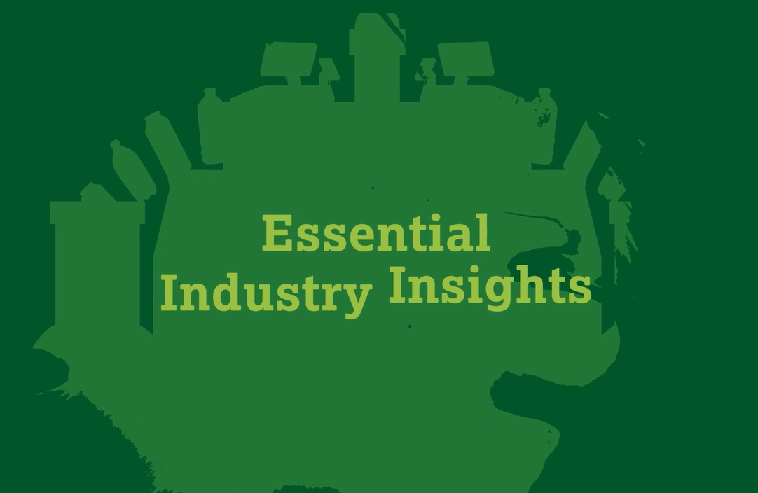 An light green ink blot of different grocery items with Essential Industry Insights in it.