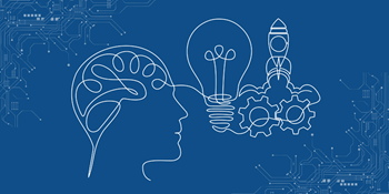 Illustration of human with brain, light bulb, rocket ship and gears.