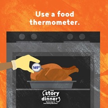 Graphic of a hand sticking a food thermometer into a turkey in the oven