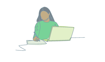 Illustration of a woman working at a laptop and taking a note with a pen and paper.