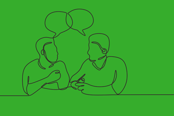 Illustration of two people talking with thought bubbles above their heads on a green background. 