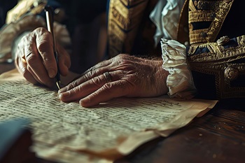 Historical reenactment signing the Declaration of Independence.