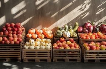 Apples, pumpkins and squash in wooden crates.