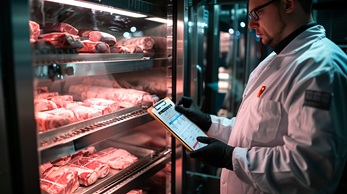 Man in front of meat fridge