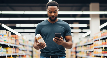 Man checking on phone for food prices in grocery store