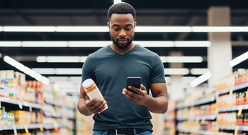Man checking on phone for food prices in grocery store