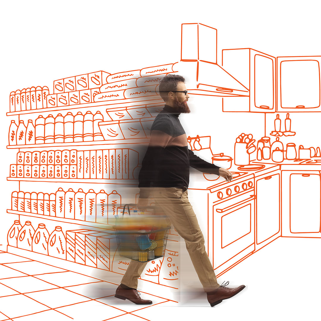 Man walking quickly over an illustrated background.