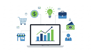 Illustration of a computer screen with lines connecting to a store icon, shopping cart, money, light bulb and person.