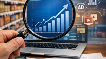 Magnifying glass looking at profit chart