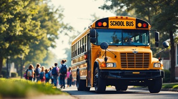 School bus and children walking home.