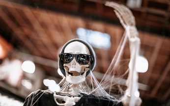 Skeleton with cobwebs and sunglasses in a grocery store display.
