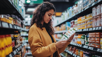 Woman in yellow jacket reading food labels in grocery store aisle