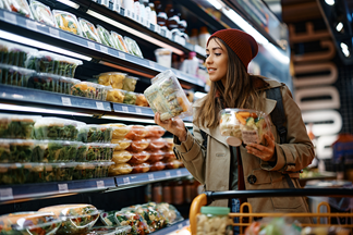 Woman looking at prepared salads in grocery store