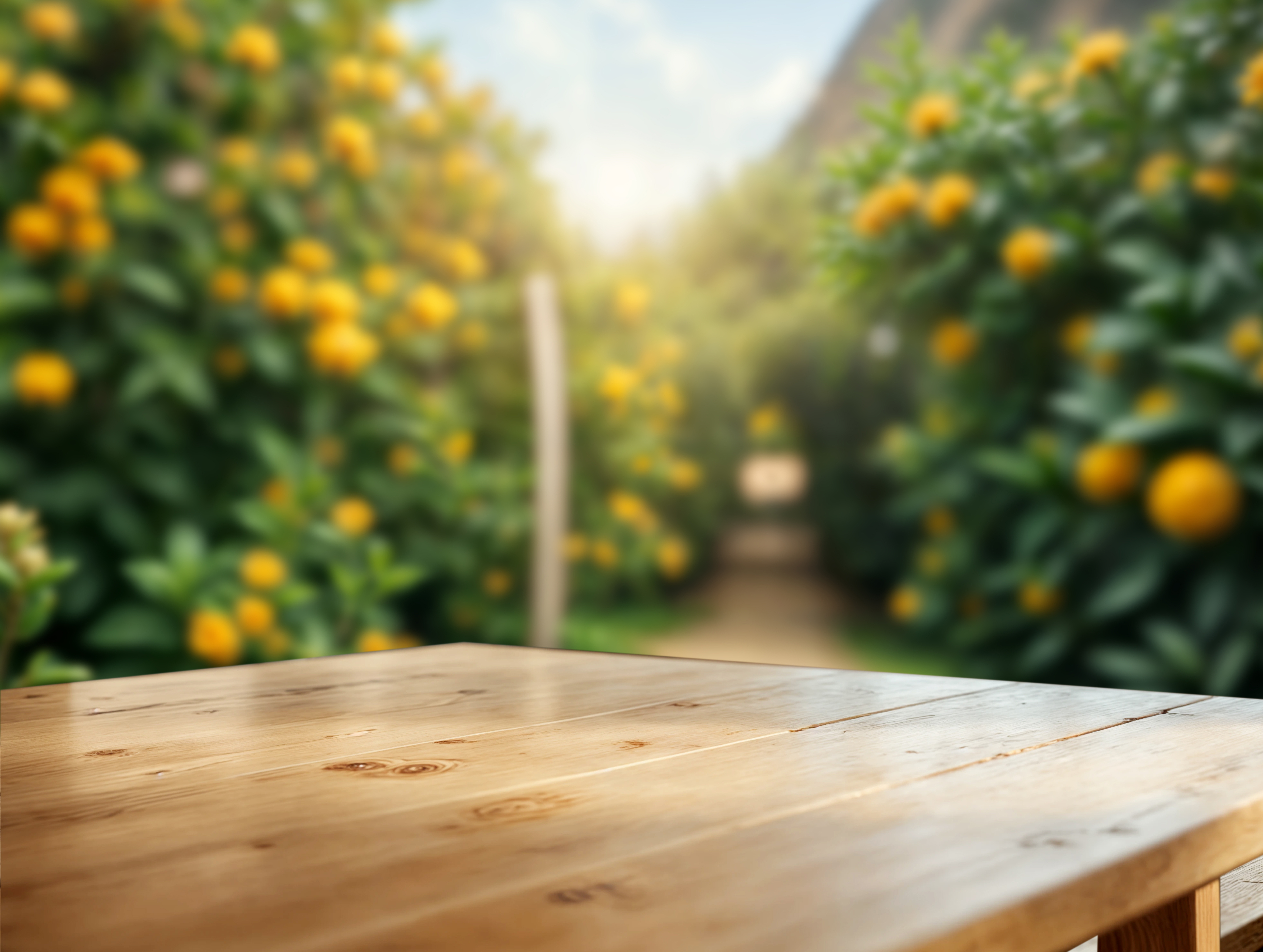 Photo of table in front of a lemon grove