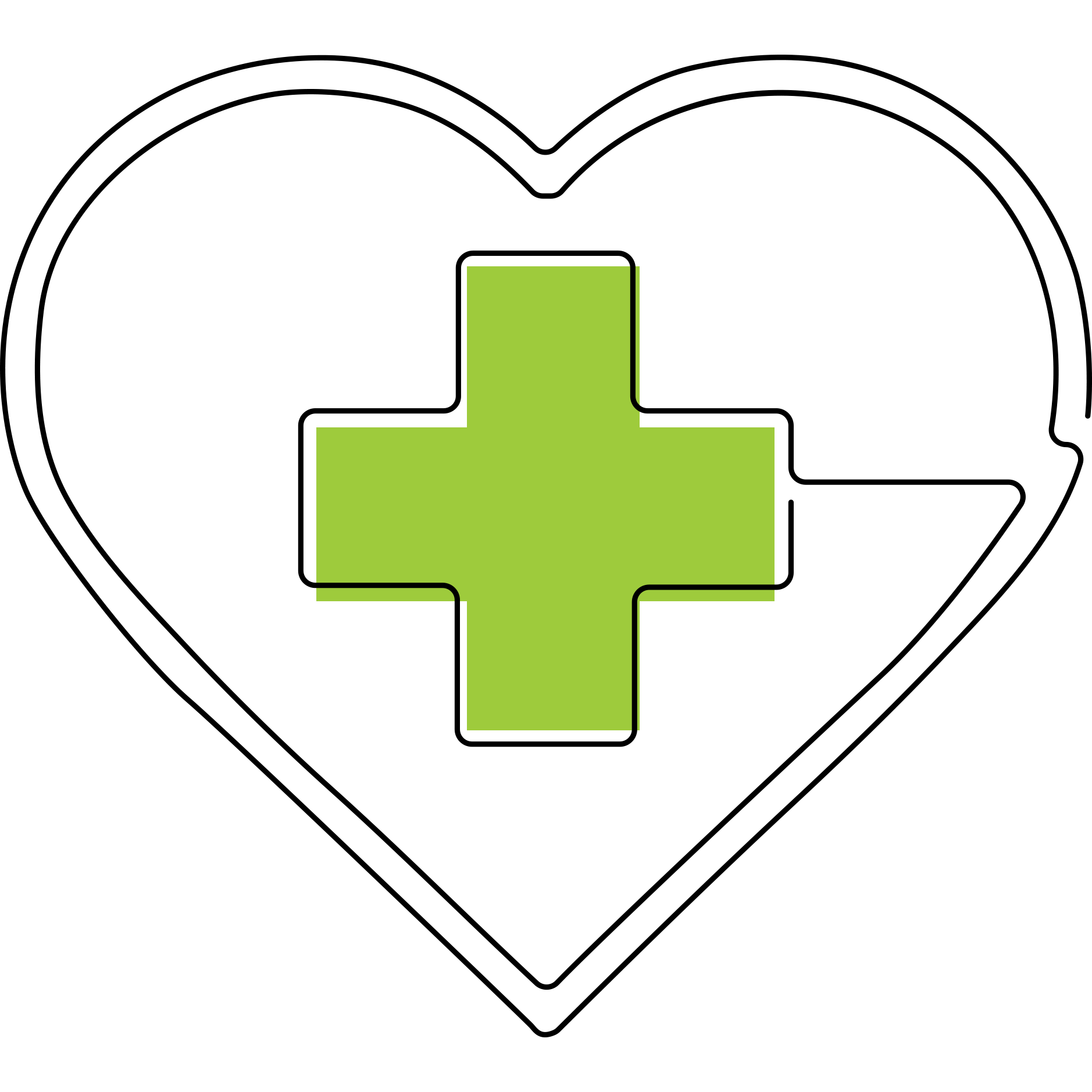 Heart around a medical plus sign that is green
