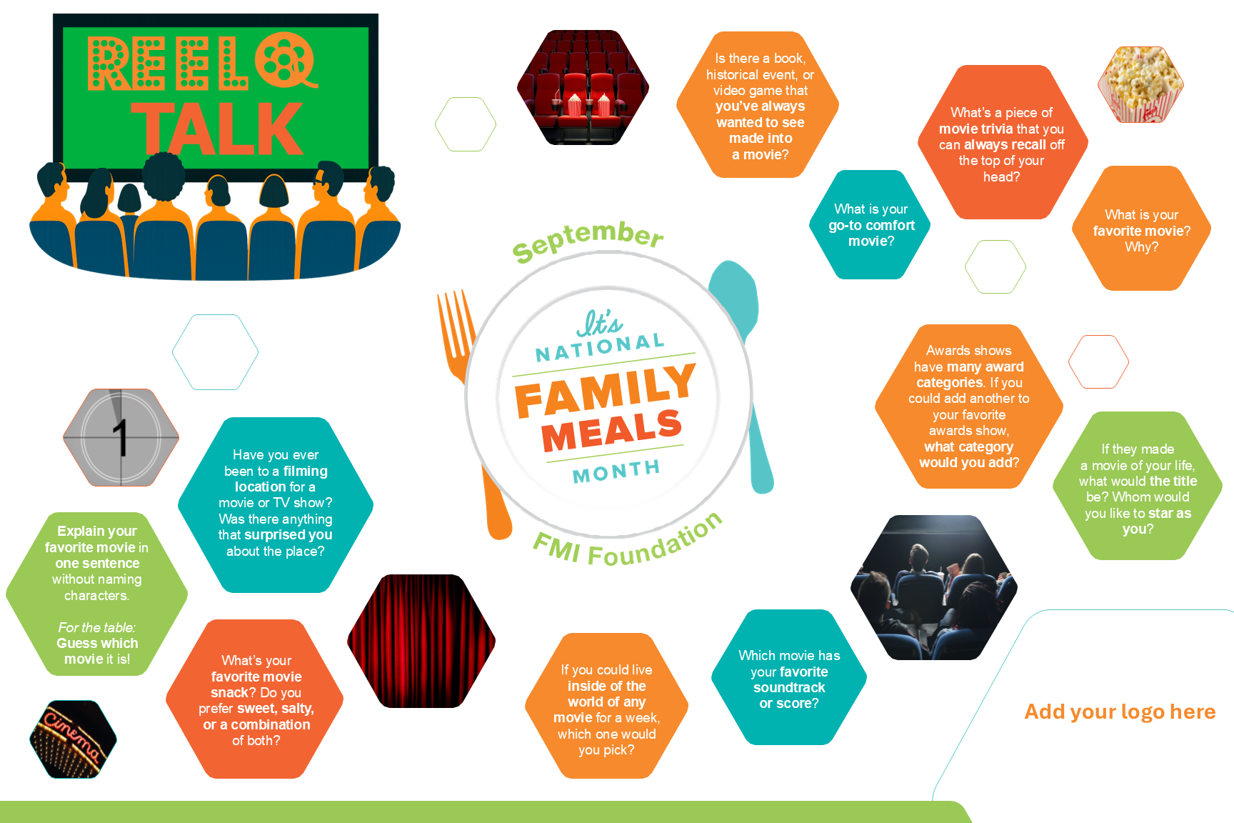 Reel Talk Movie Table Talk Placemat with hexagons that contain family dinner discussion topics