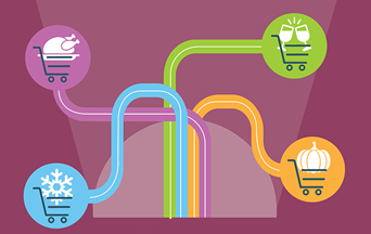 Thought bubbles with different holiday icons and grocery cart icons.