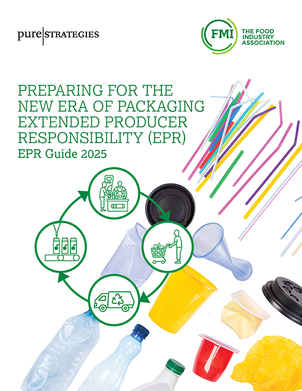 Report cover on EPR packaging with plastic bottles, straws, and single use plastic items