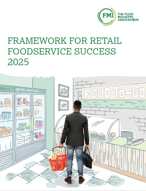 Man holding a grocery basket looks through an illustrated foodservice department at a grocery store.
