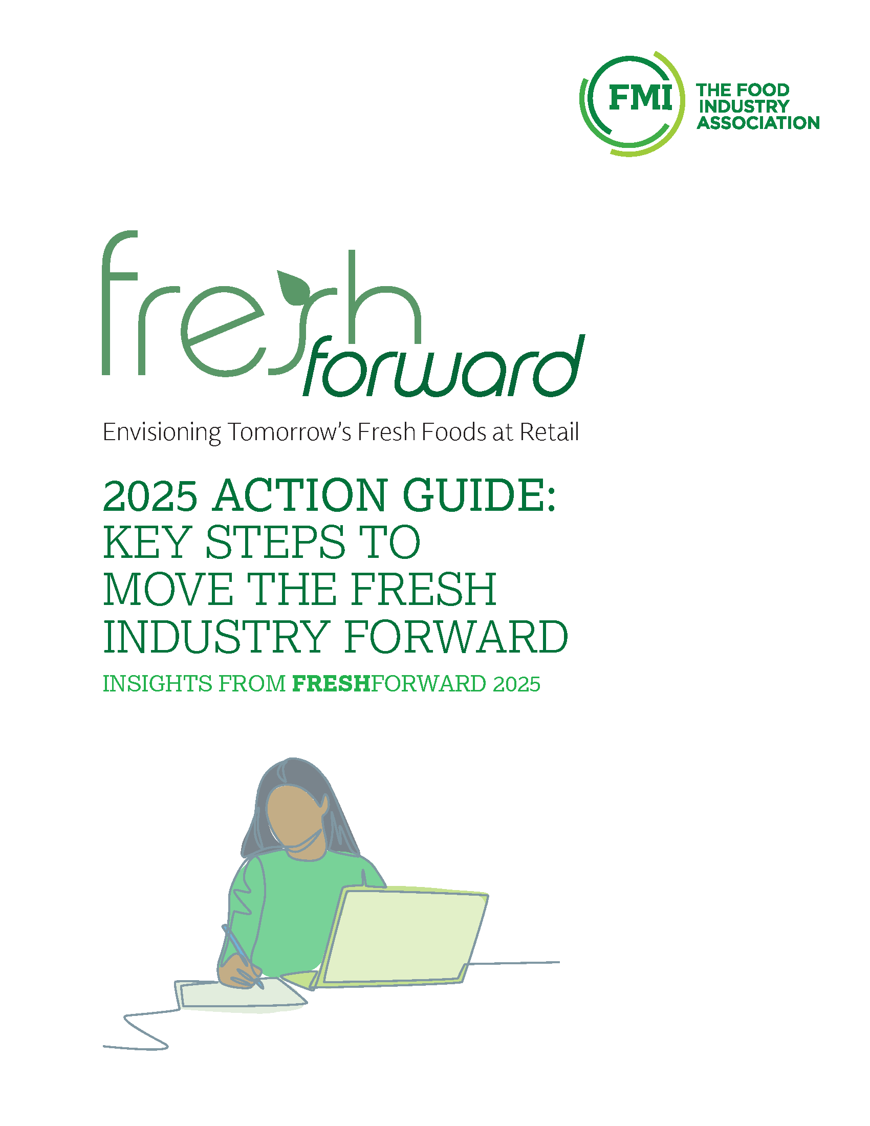 FreshForward logo with an illustration of a woman using a computer and writing notes.