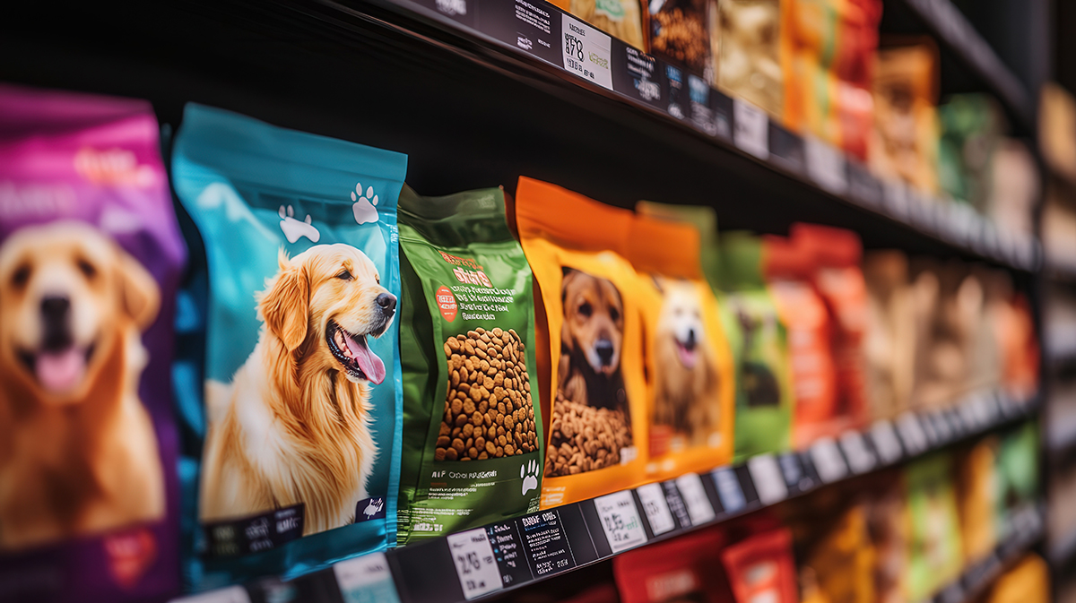 Pet food in a grocery store aisle.
