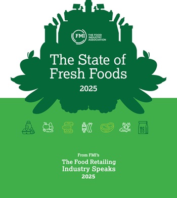 Cover the The State of Fresh Foods 2025 report with an ink blot that includes grocery items