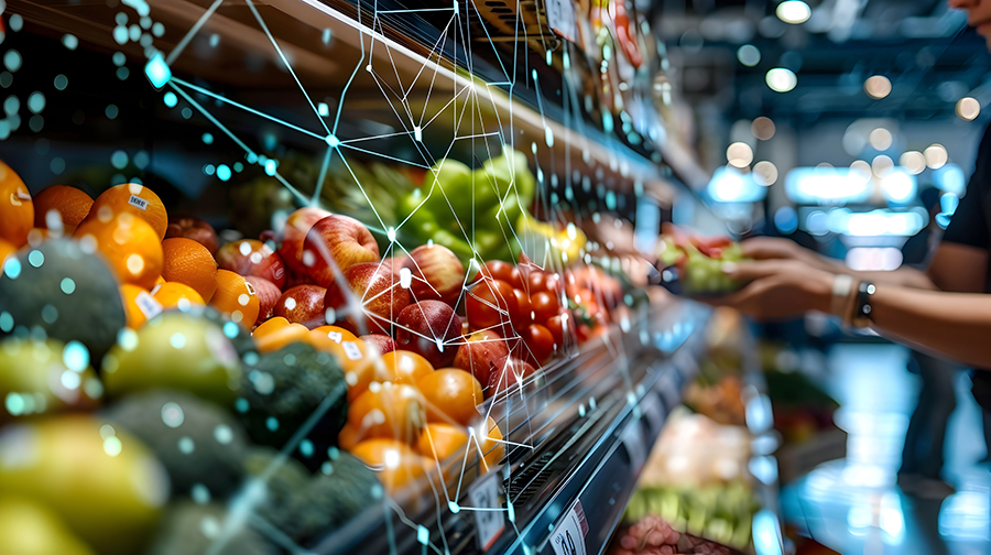 Grocery store produce aisle with digital overlay.