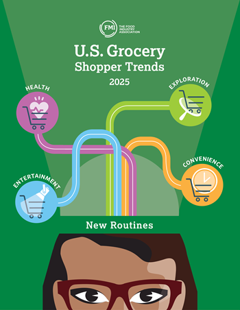 Cover of US Grocery Shopper Trends report New Routines with a person's head and brain logic coming out