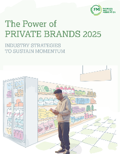 Cover of Power of Private Brands Industry Report with shopper looking at a product in an illustration of a grocery store. 