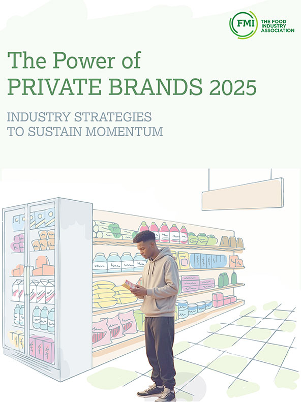 Report cover: man looking at grocery product.