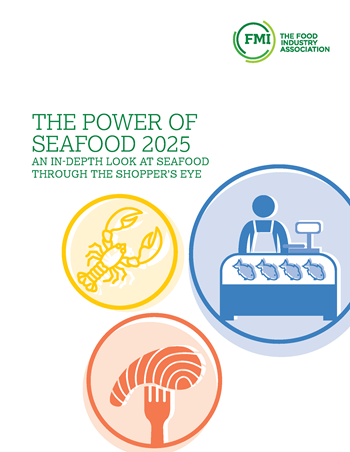 Power of Seafood 2025 report cover featuring icons and graphics of a lobster, fish and seafood counter