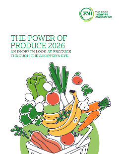 Cover for Power of Produce 2026 with illustration of colorful fruits and vegetables dropping into a grocery basket.