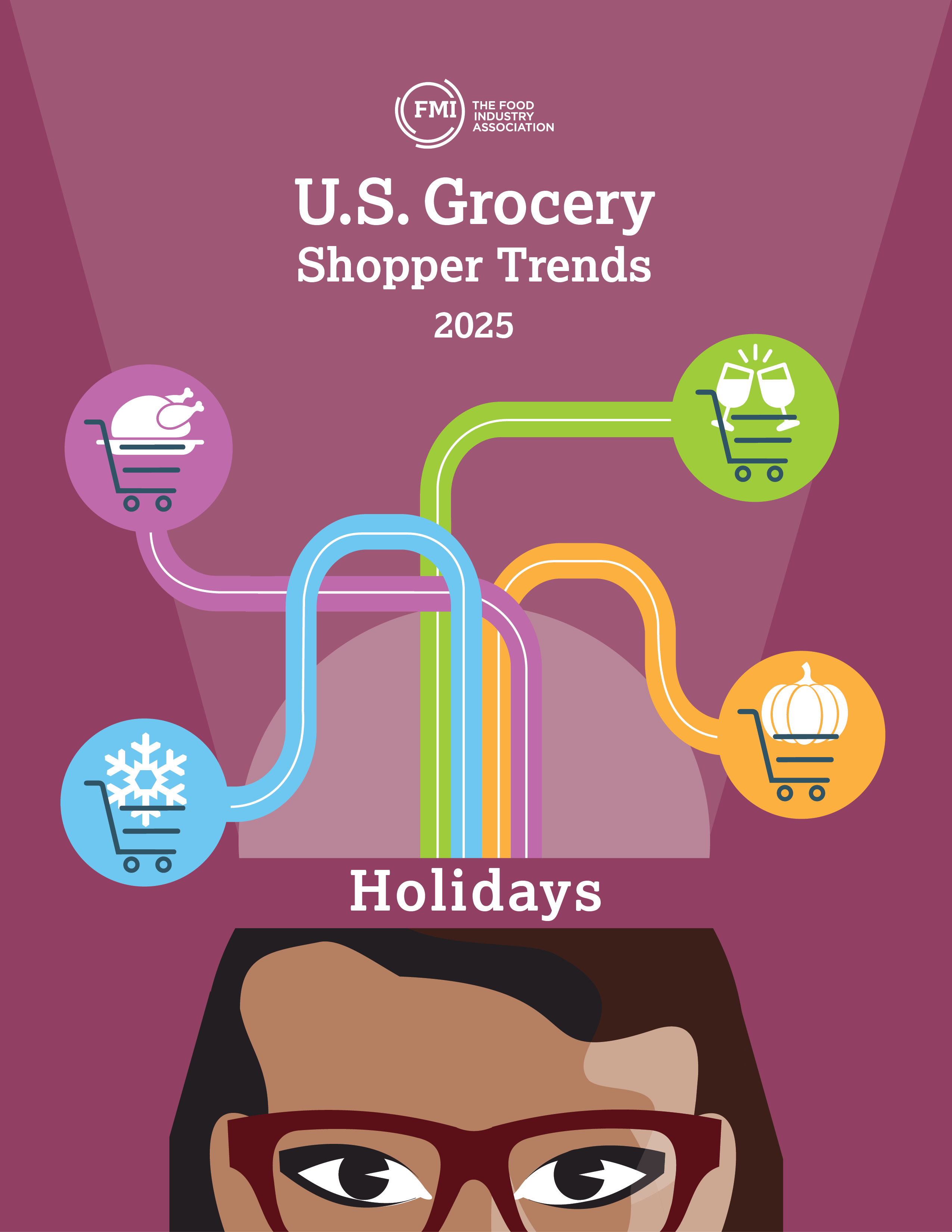 Report cover with purple background and shopper with thought bubble and holiday themed icons.