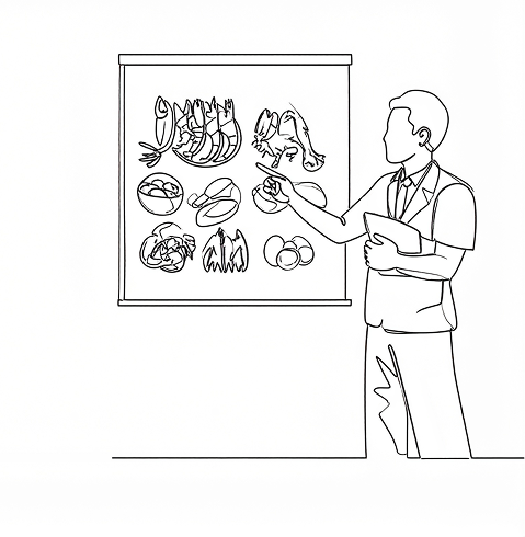 firefly_a-single-and-continuous-line-art-of-an-instructor-pointing-at-a-poster-of-food-aller-489651-2